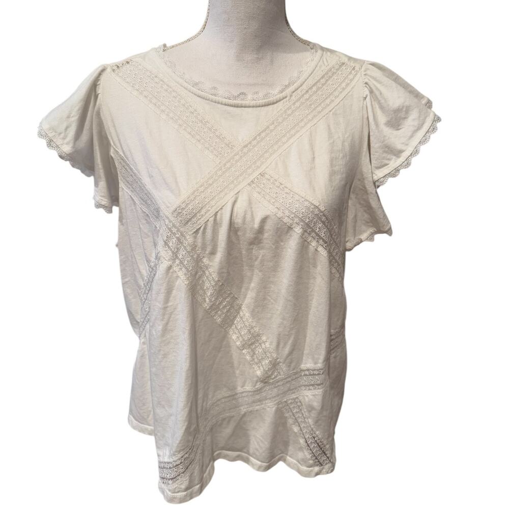 Anthropologie Feminine Top Flutter Sleeve Lace Detail White S